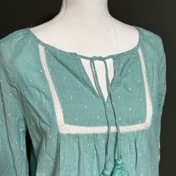 St. John’s Bay Boho Peasant Blouse Aqua Blue Small Tassel Tie Top cottagecore - Picture 2 of 5